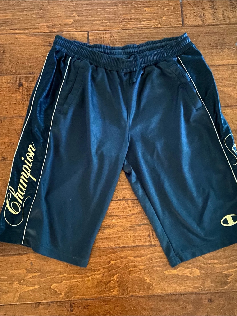 Champion Black Athletic Shorts with Rich Gold Script